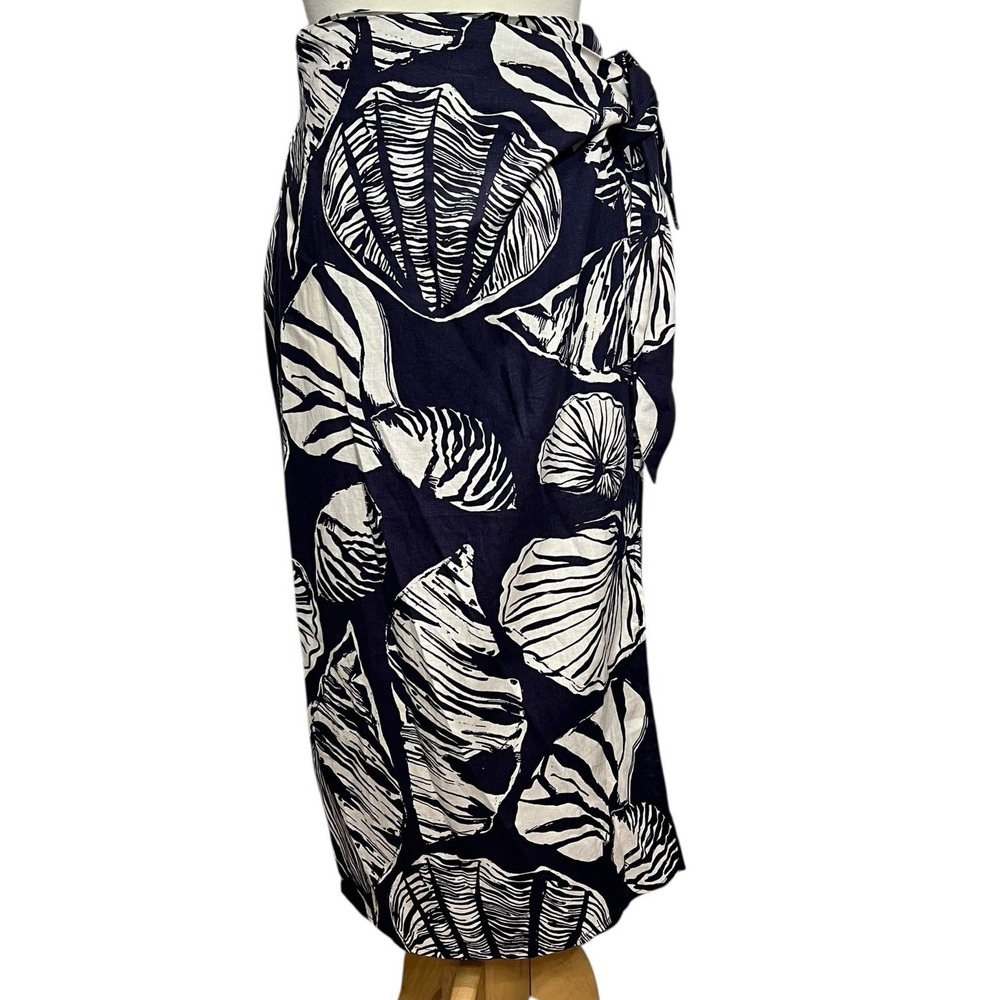 Nicole Miller Wrap Skirt XS Blue White Linen Blend Seashell Coconut Girl Resort - Picture 2 of 15